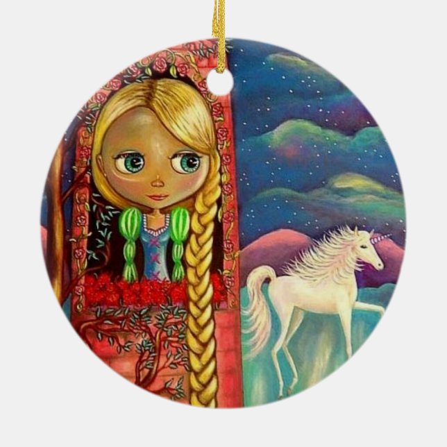 Rapunzel Doll Braided Hair Pink Tower Unicorn Ceramic Ornament (Back)