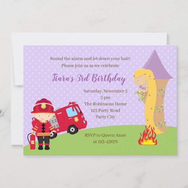 Rapunzel & Firefighter Birthday Invitation (Front)