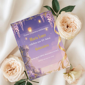 Rapunzel theme Quinceañera Purple Gold Princess Invitation