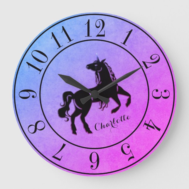Rare Black Unicorn Gradient Purple Personalized Large Clock (Front)