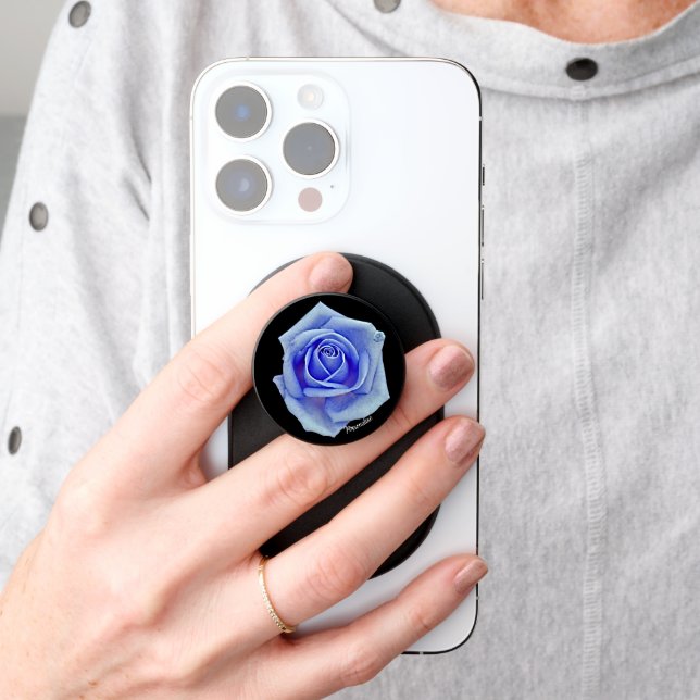 Rare Blue Rose Flower Cute Black MagSafe Phone  PopSocket (Hand)