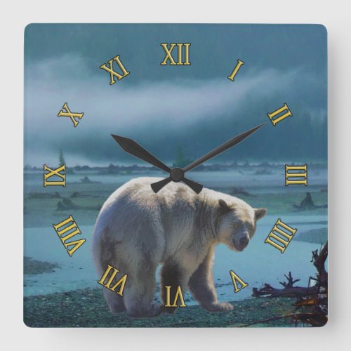 Rare Ghost Bear and Misty River Wildlife Scene Square Wall Clock
