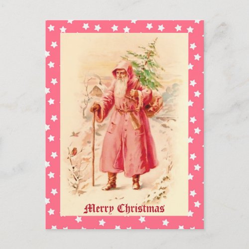 Rare Pink Santa Beautiful Vintage copy on Stars Postcard