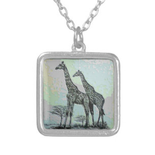 Rare Retro African Giraffes in High Color Design Silver Plated Necklace