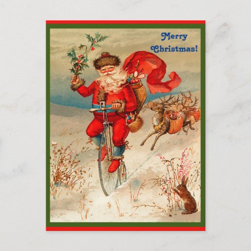 Rare Santa Claus on Velocipede Chased by Reindeer Holiday Postcard