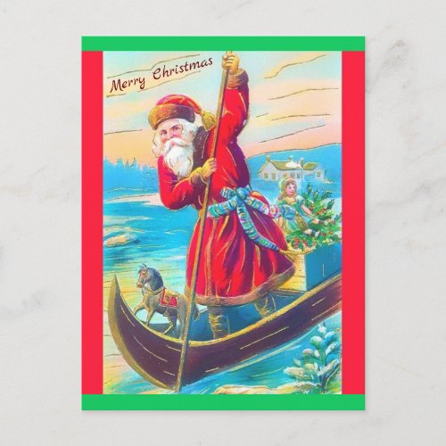 Rare Vintage Santa Standing in Canoe Fur Hat copy Postcard
