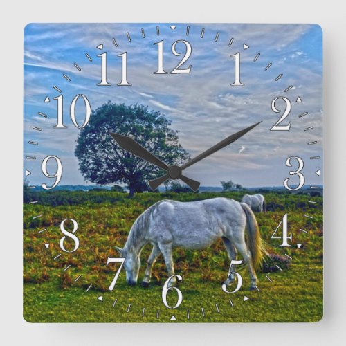 Rare White New Forest Ponies Wild Horses England Square Wall Clock