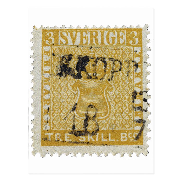 Rare Yellow 3 Skilling Stamp of Sweden 1855 Postcards