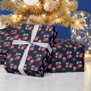 Raspberries, Blackberries, Leaves On Navy Blue Wrapping Paper