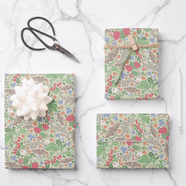 Raspberries Butterflies Currants Strawberry Garden Wrapping Paper Sheets (Front)