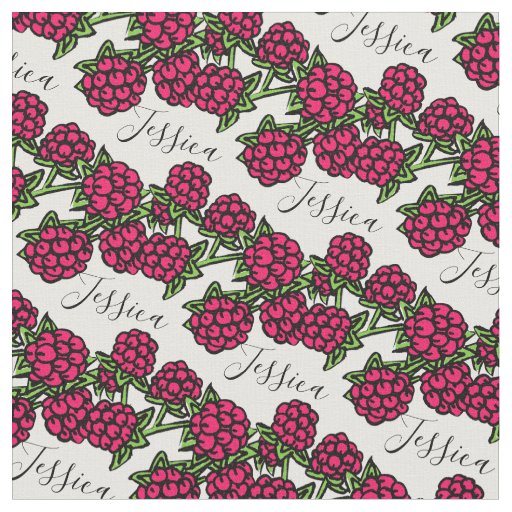 Raspberries drawing red green name pattern fabric