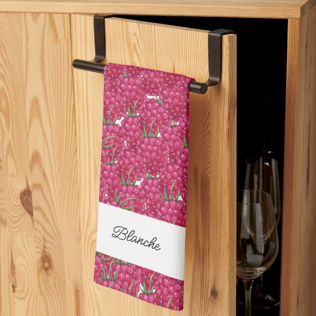 Raspberries Hand-painted Watercolor Monogrammed Kitchen Towel (Thirds Fold)