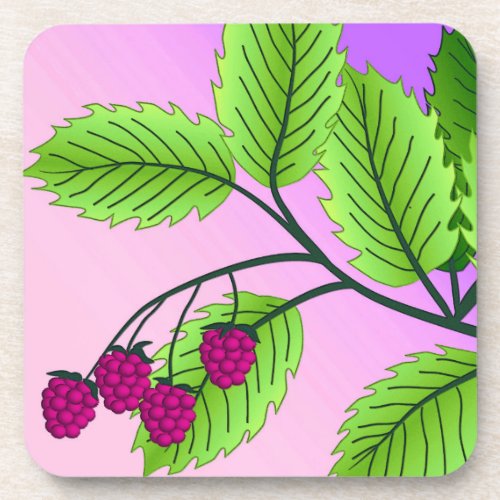 Raspberries on a branch drink coaster