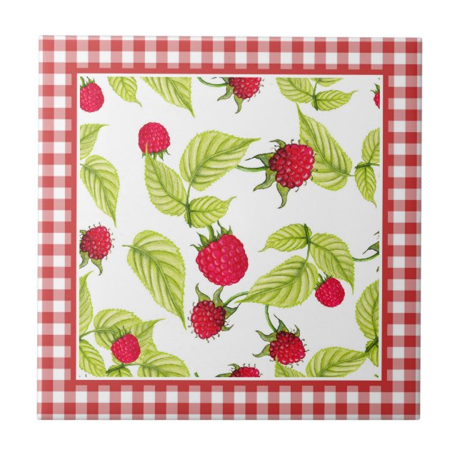 Raspberries on Red Gingham  Ceramic Tile (Front)