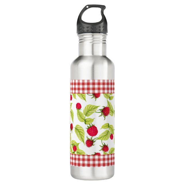 Raspberries on Red Gingham  Stainless Steel Water Bottle (Front)