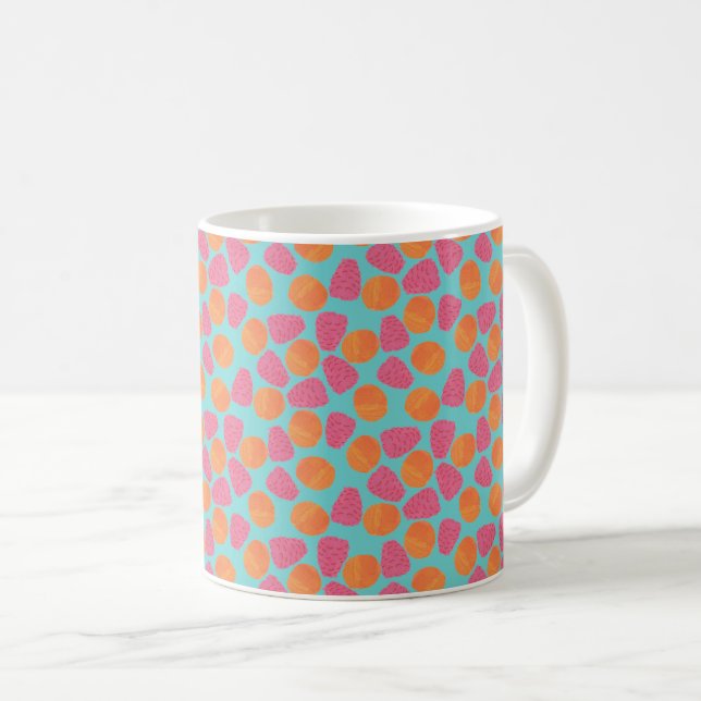 Raspberries Tangerines on Bright Turquoise Blue Coffee Mug (Front Right)