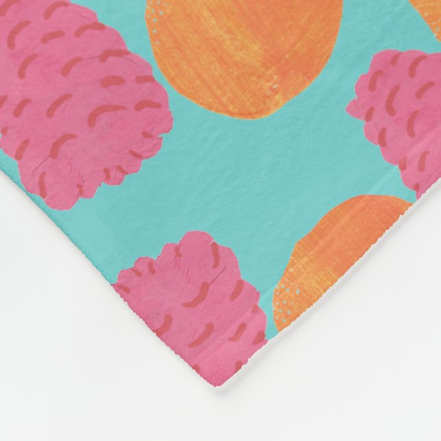 Raspberries Tangerines on Bright Turquoise Blue Fleece Blanket (Corner)