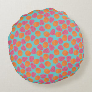 Raspberries, Tangerines on Bright Turquoise Blue Round Pillow