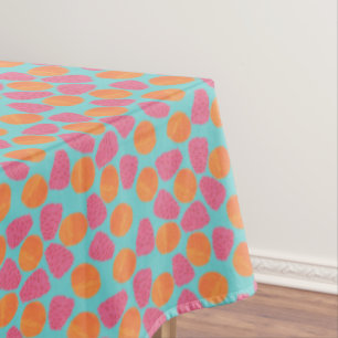 Raspberries Tangerines on Bright Turquoise Blue Tablecloth