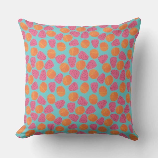Raspberries, Tangerines on Bright Turquoise Blue Throw Pillow (Front)