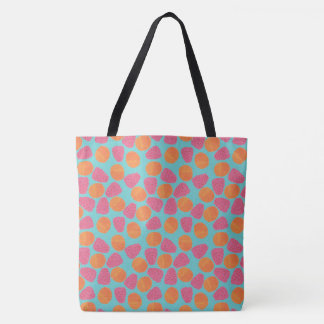 Raspberries, Tangerines on Bright Turquoise Blue Tote Bag