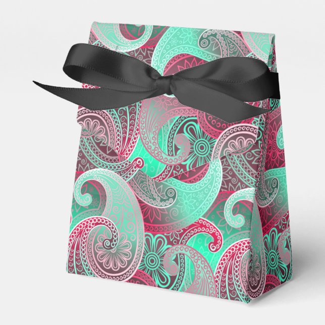 Raspberry and Aqua Paisley Damask Pattern Favor Boxes (Front Side)