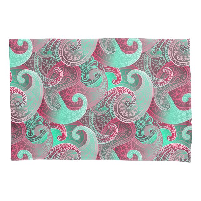 Raspberry and Aqua Paisley Pattern Pillow Case (Front-Left)