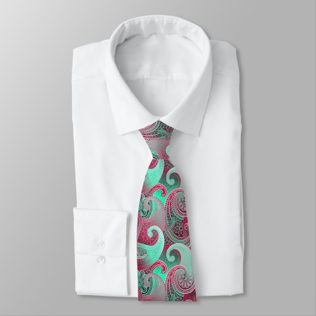 Raspberry and Aqua Paisley Pattern Tie (Tied)