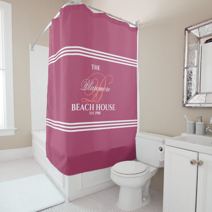 Raspberry and Coral Initial White Stripes Bath Shower Curtain | Zazzle.com