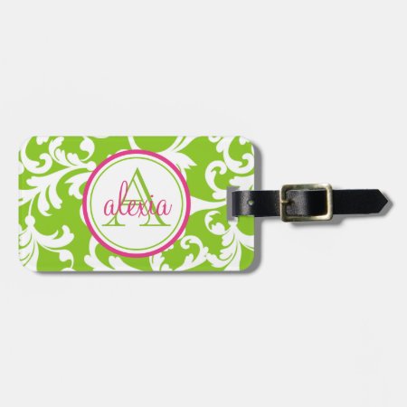 Raspberry And Lime Monogrammed Damask Print Luggage Tag