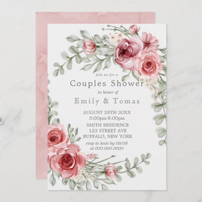 Raspberry and Pink Watercolor Peony Couples Shower (Front/Back)