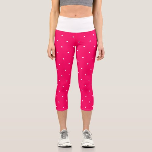 Raspberry and White Geometric Polka Dots  Capri Leggings