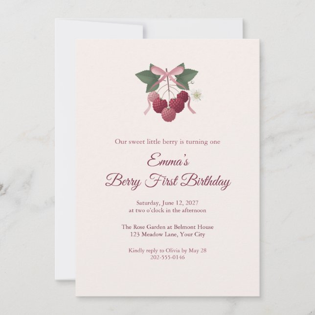 Raspberry Berry First Birthday Invitation (Front)
