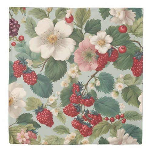 Raspberry Branches with Flowers and Berries Duvet Cover