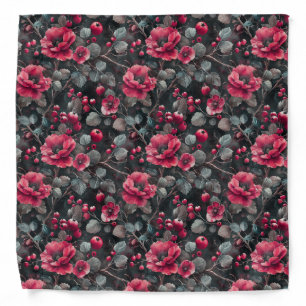 Raspberry, burgundy flowers on dark gray bandana