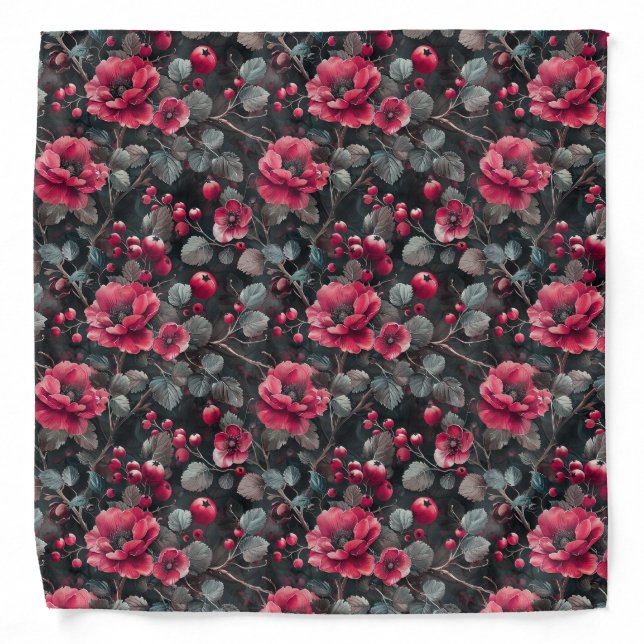 Raspberry, burgundy flowers on dark gray bandana (Front)