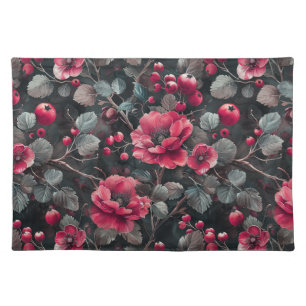 Raspberry, burgundy flowers on dark gray cloth placemat
