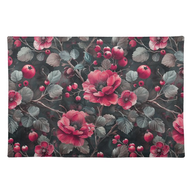 Raspberry, burgundy flowers on dark gray cloth placemat (Front)