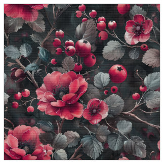 Raspberry, burgundy flowers on dark gray fabric