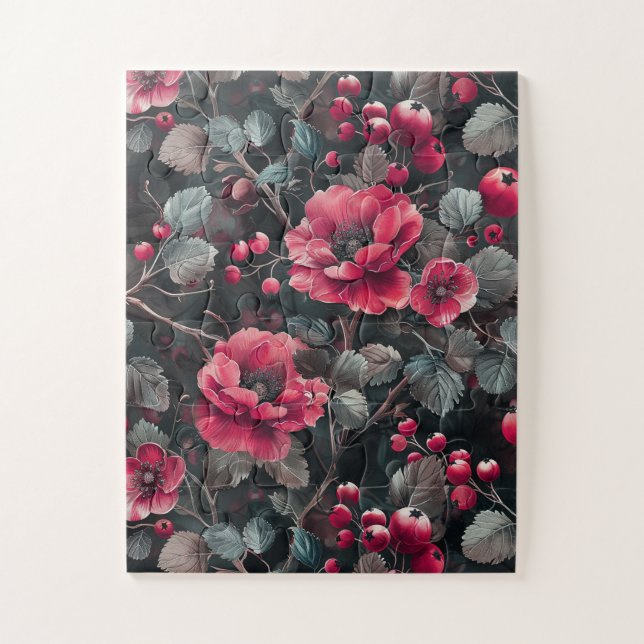 Raspberry, burgundy flowers on dark gray jigsaw puzzle (Vertical)