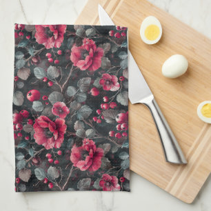 Raspberry, burgundy flowers on dark gray kitchen towel