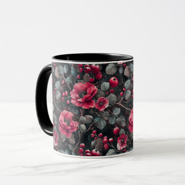 Raspberry, burgundy flowers on dark gray mug (Front Left)
