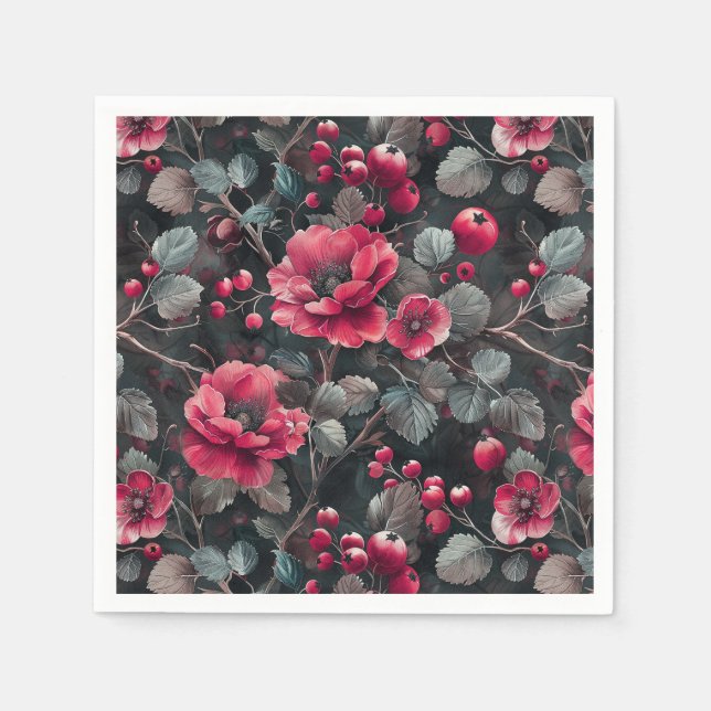 Raspberry, burgundy flowers on dark gray napkins (Front)