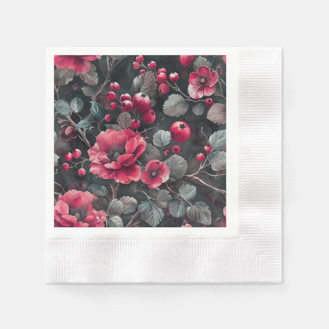 Raspberry, burgundy flowers on dark gray napkins (Front)