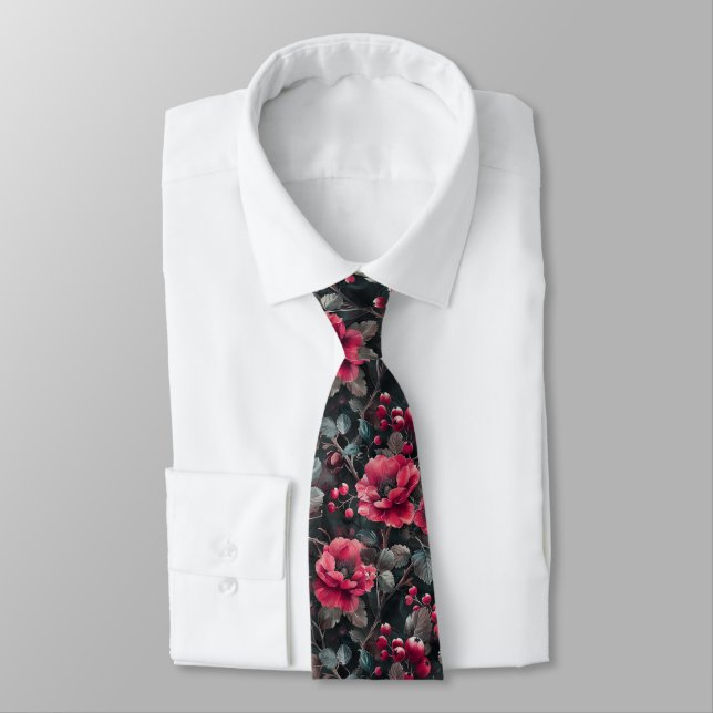 Raspberry, burgundy flowers on dark gray neck tie (Tied)