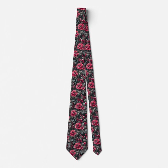 Raspberry, burgundy flowers on dark gray neck tie (Front)