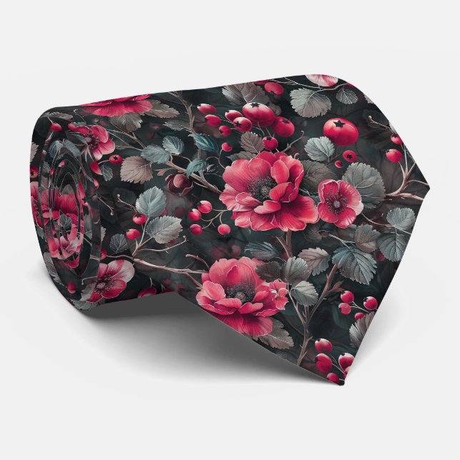 Raspberry, burgundy flowers on dark gray neck tie (Rolled)