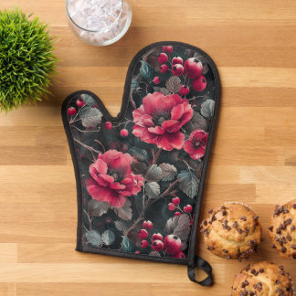 Raspberry, burgundy flowers on dark gray oven mitt