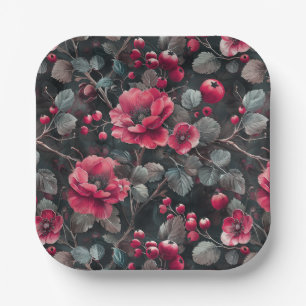 Raspberry, burgundy flowers on dark gray paper plates