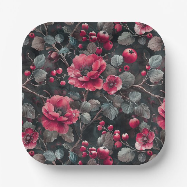 Raspberry, burgundy flowers on dark gray paper plates (Front)